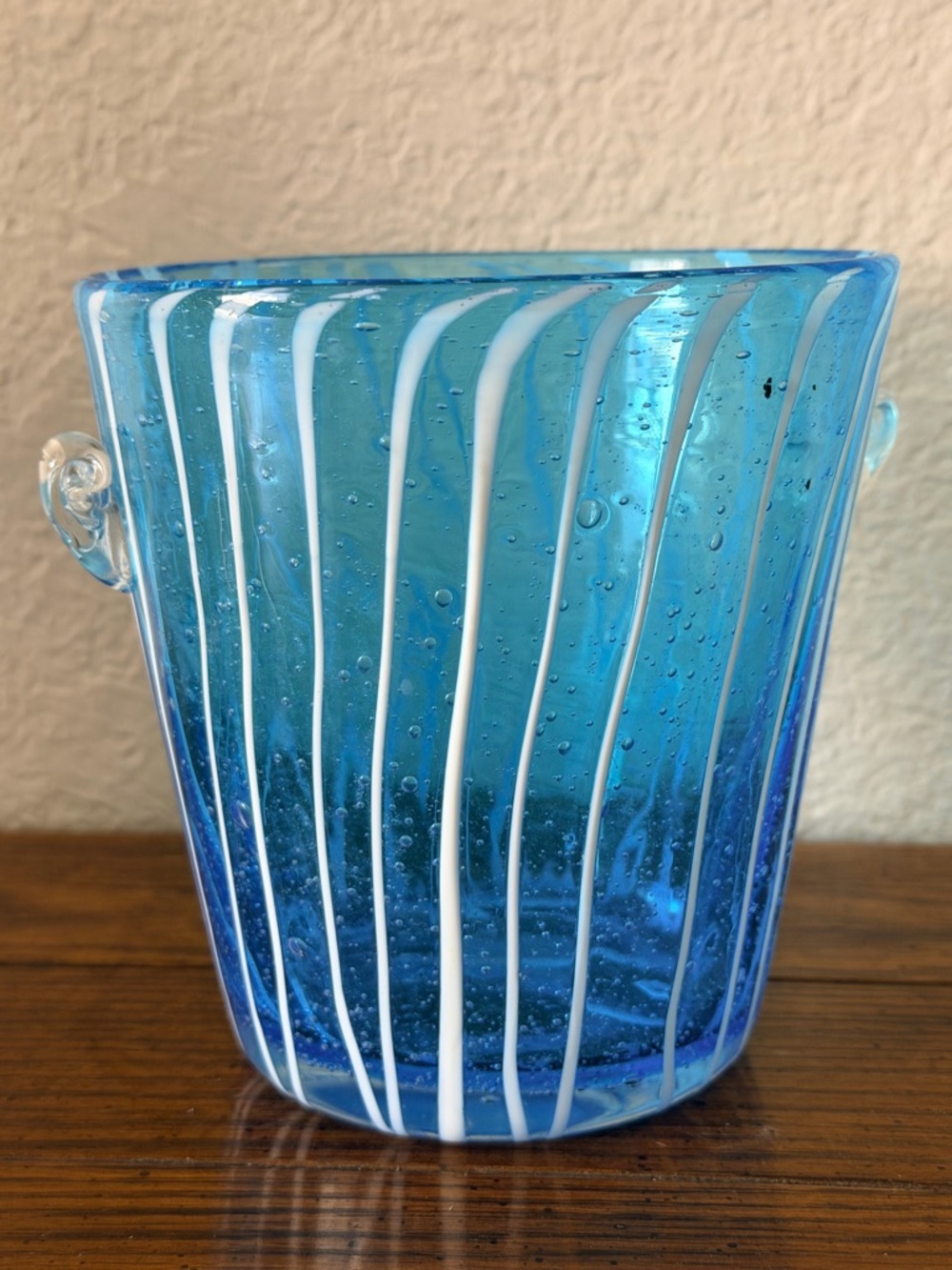 Italian Handblown Blue Striped Art Glass Vase Decorative Home